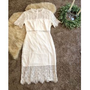 White short sleeve lace midi dress sheer midriff